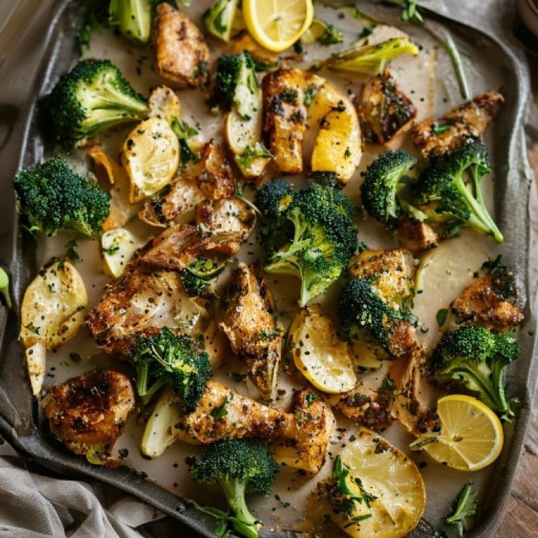 One-Pan Lemon Garlic Chicken A sheet pan filled with sliced chicken breasts, baby potatoes, and broccoli florets seasoned with lemon, garlic, and herbs.