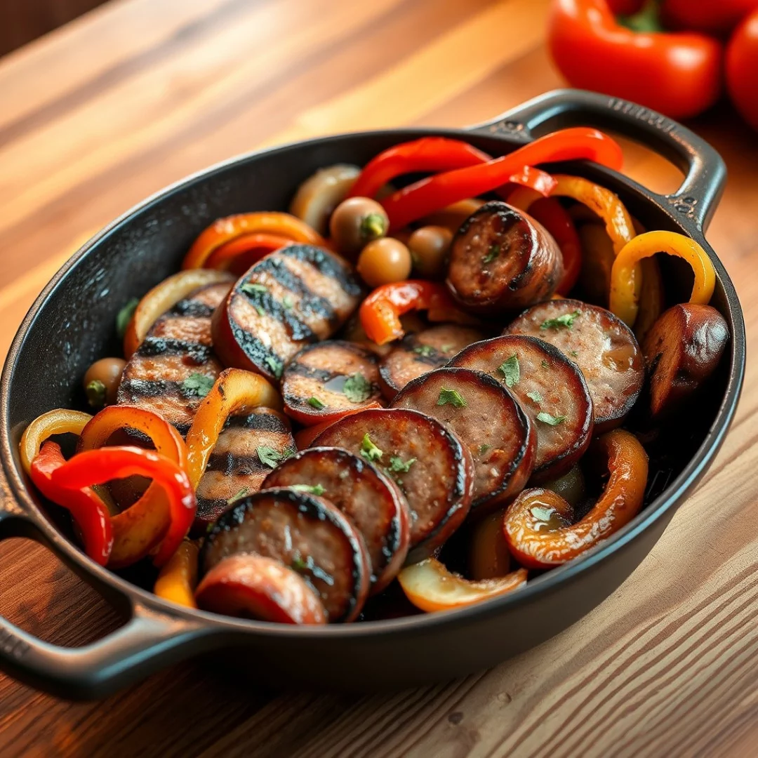 Sausage and Pepper Skillet A colorful skillet meal featuring sliced sausages, bell peppers, and onions.