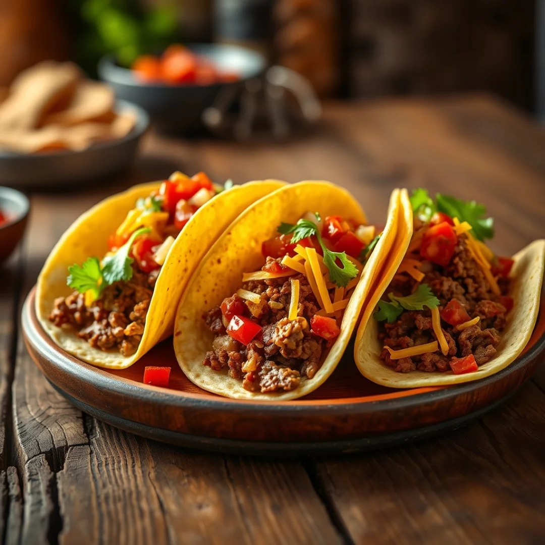Quick Beef Tacos A platter of quick beef tacos topped with fresh cilantro and lime wedges.