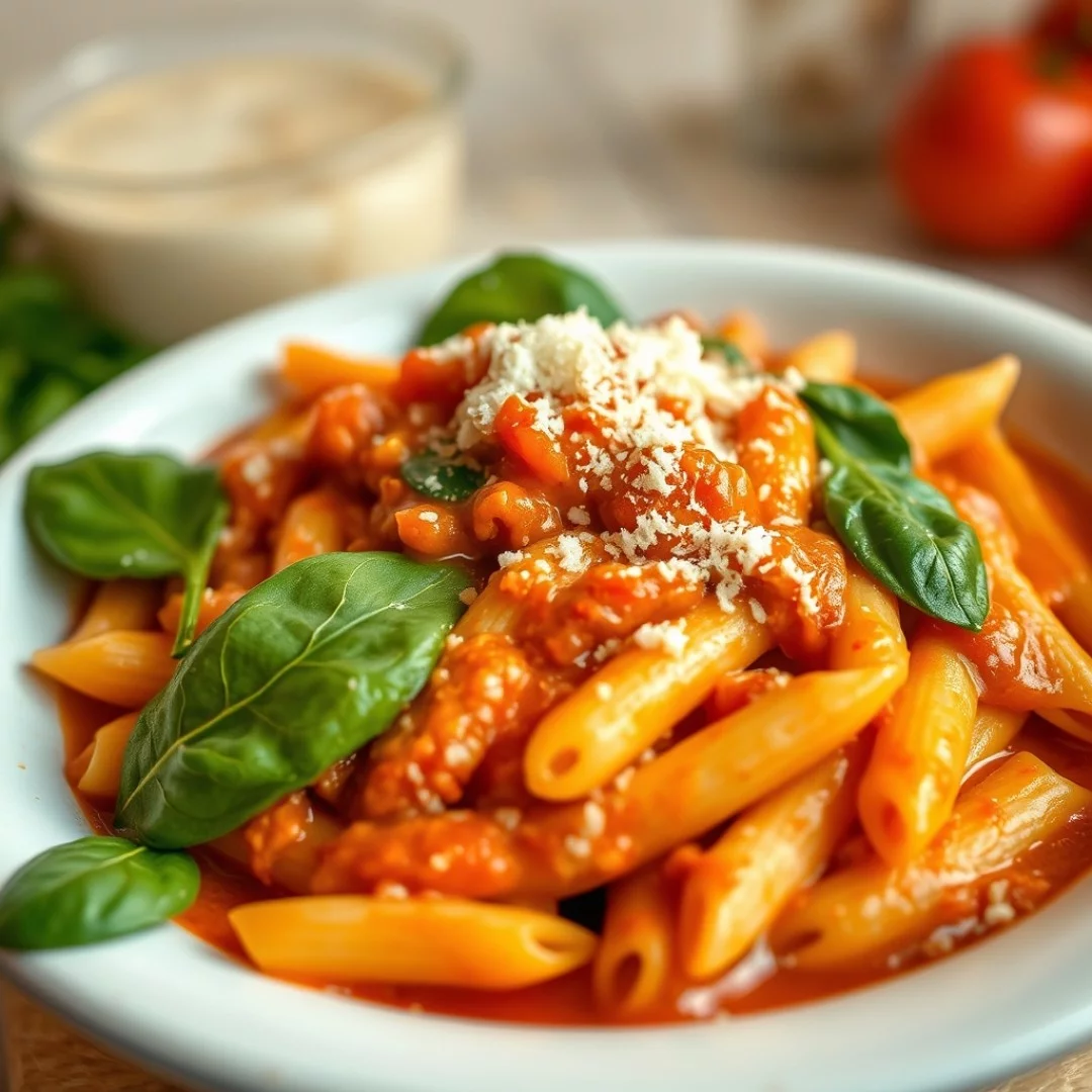 Creamy Tomato Pasta A bowl of creamy tomato pasta garnished with fresh basil leaves.