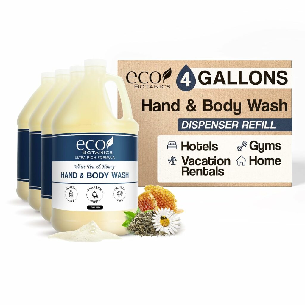 1-Shoppe Terra Pure Eco Botanics Natural Hand & Body Wash with Raw Honey & White Tea | Gallon Jug Bulk Toiletries for Airbnb, Vacation Rentals, and Home Bathroom| Refill For Soap Dispensers | Set Of 4