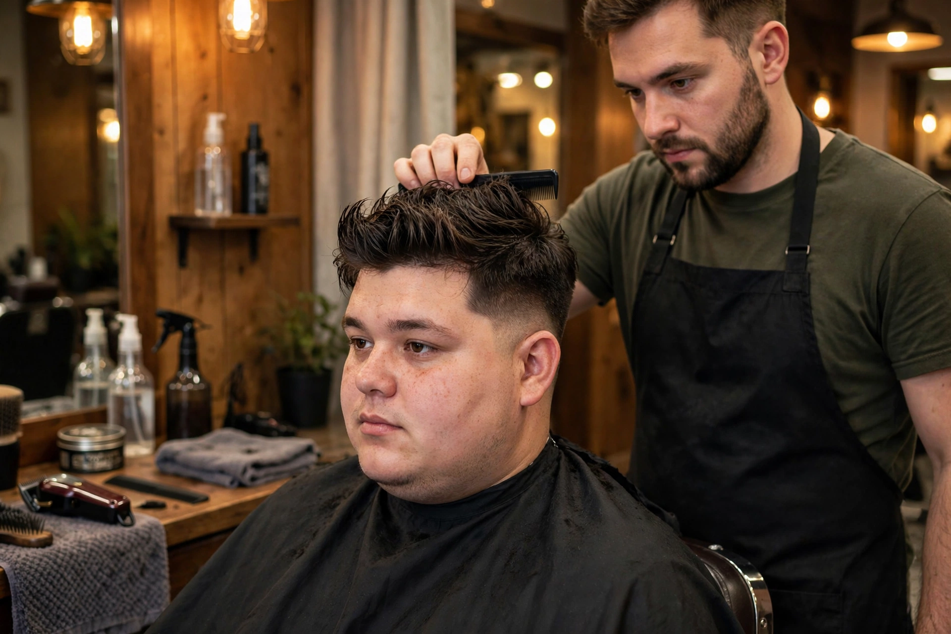 Barber giving a round-faced man a haircut with volume on top and short faded sides