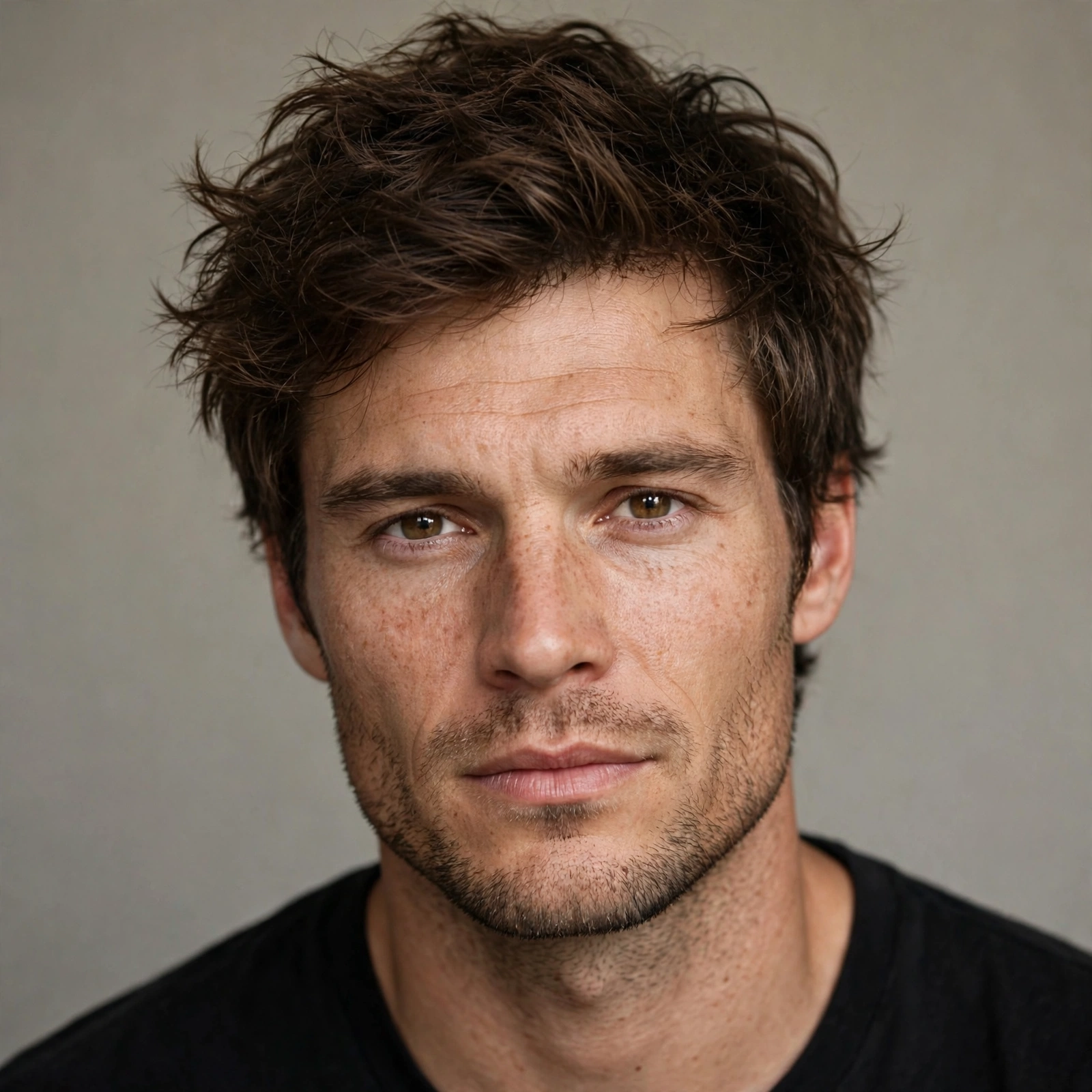 Man with a square face and a textured tousled haircut that softens his angles