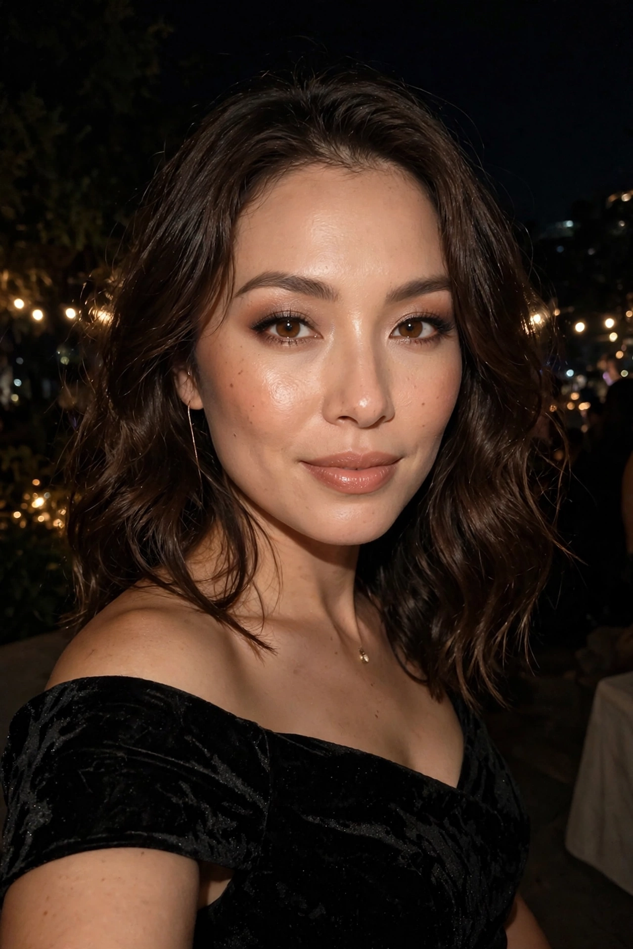 Woman with elegant evening makeup posing as a camera flash glows at night