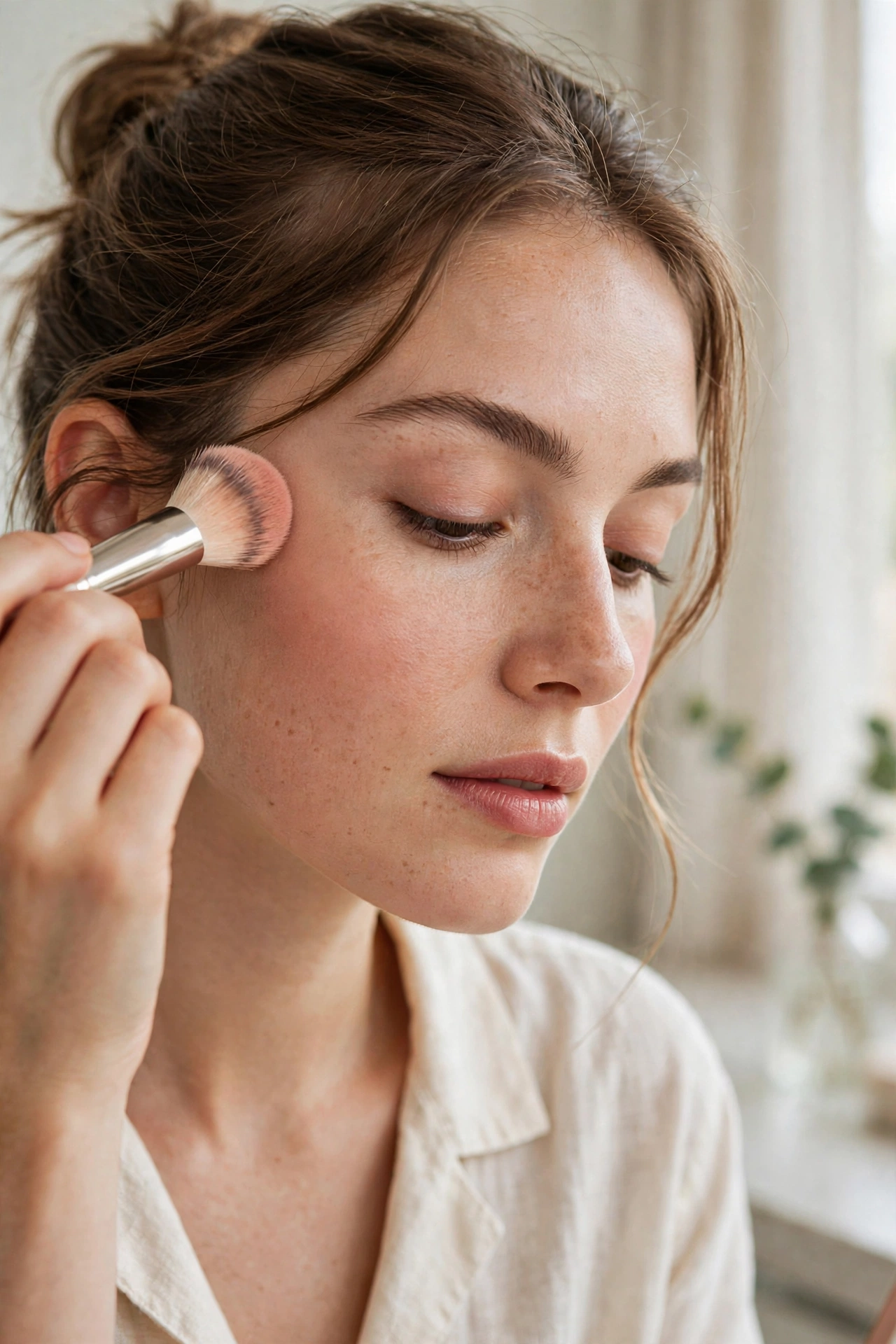 Woman applying blush in a C-shape along outer cheek
