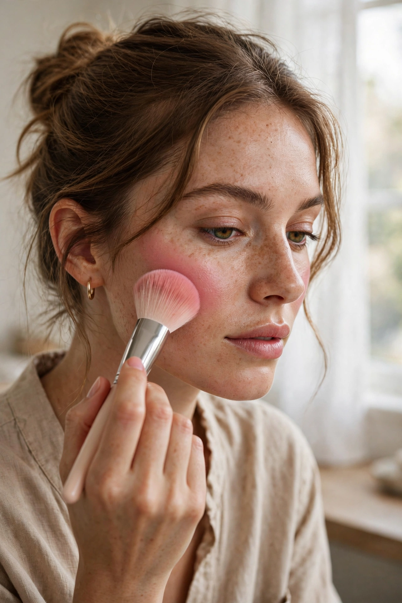 Woman applying blush along cheekbones with makeup brush