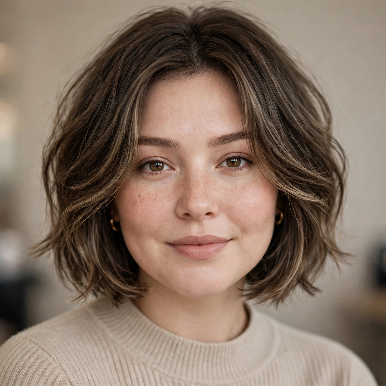 Woman with round face wearing a modern textured bob with face-framing layers