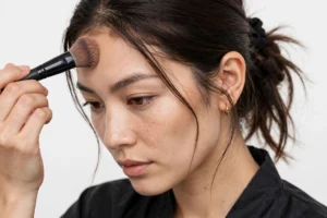 Woman contouring her forehead and chin with makeup brush