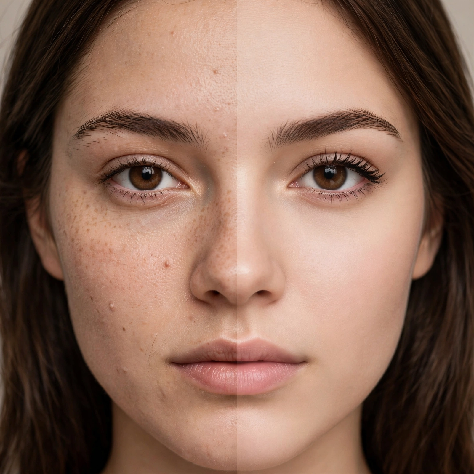 Split concept of a natural face beside a beauty-filtered version with smoother skin
