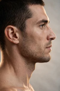Side profile of a man's jawline illustrating tongue posture and mewing discussion