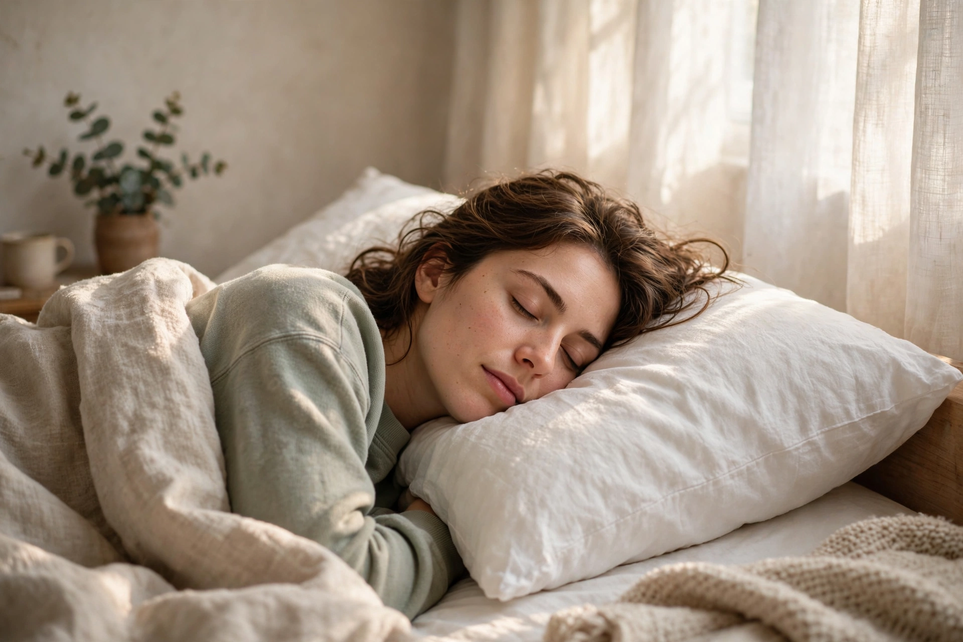 Person sleeping on their side on a pillow, morning concept