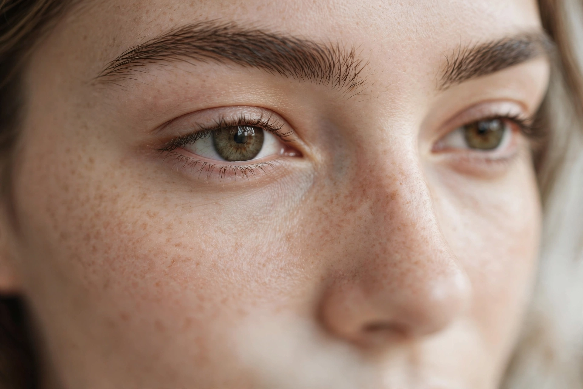Close-up of softly arched natural eyebrows on a woman with defined jawline