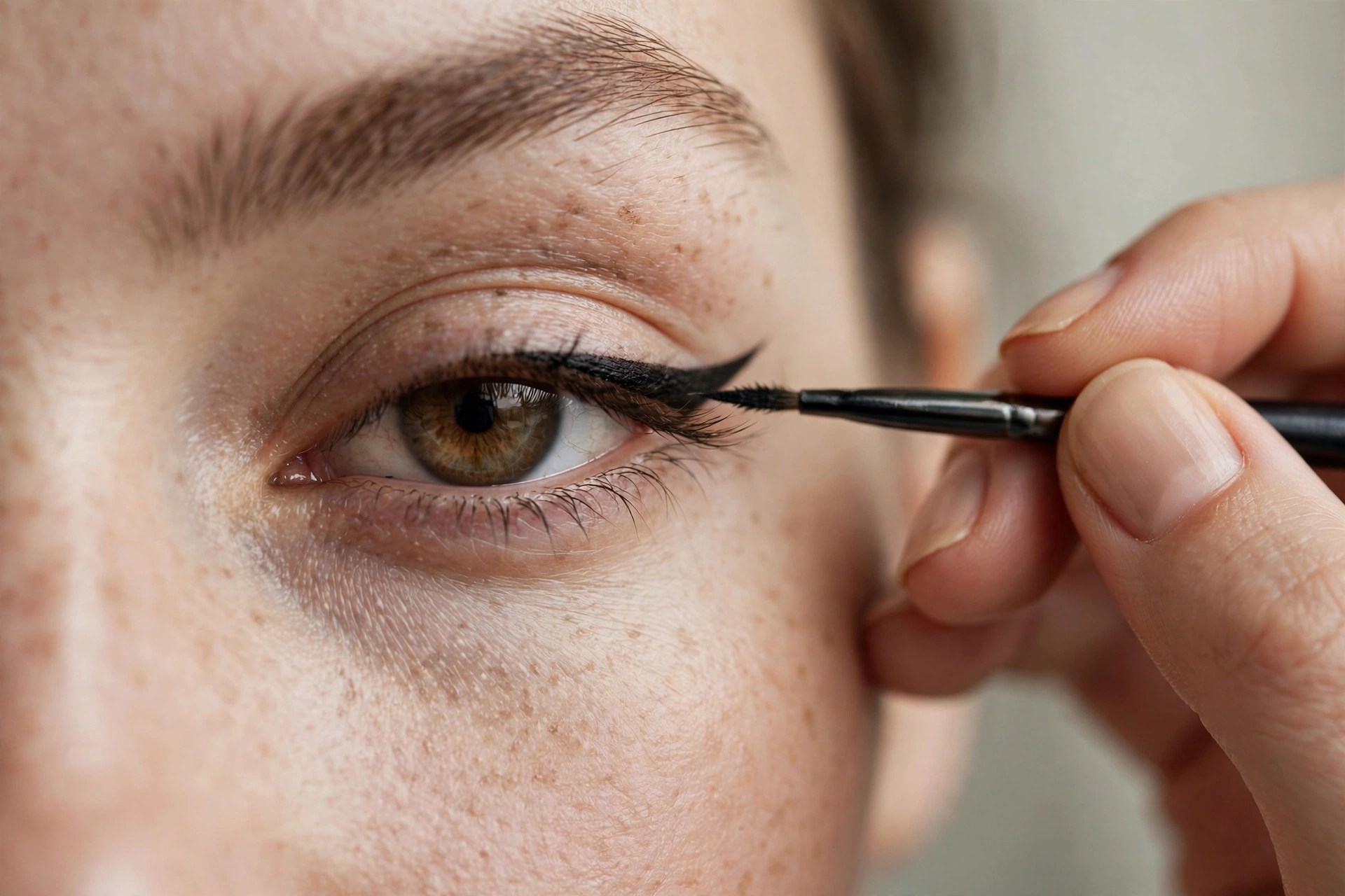 Close-up of an eye as a lifted eyeliner wing is drawn with a fine brush