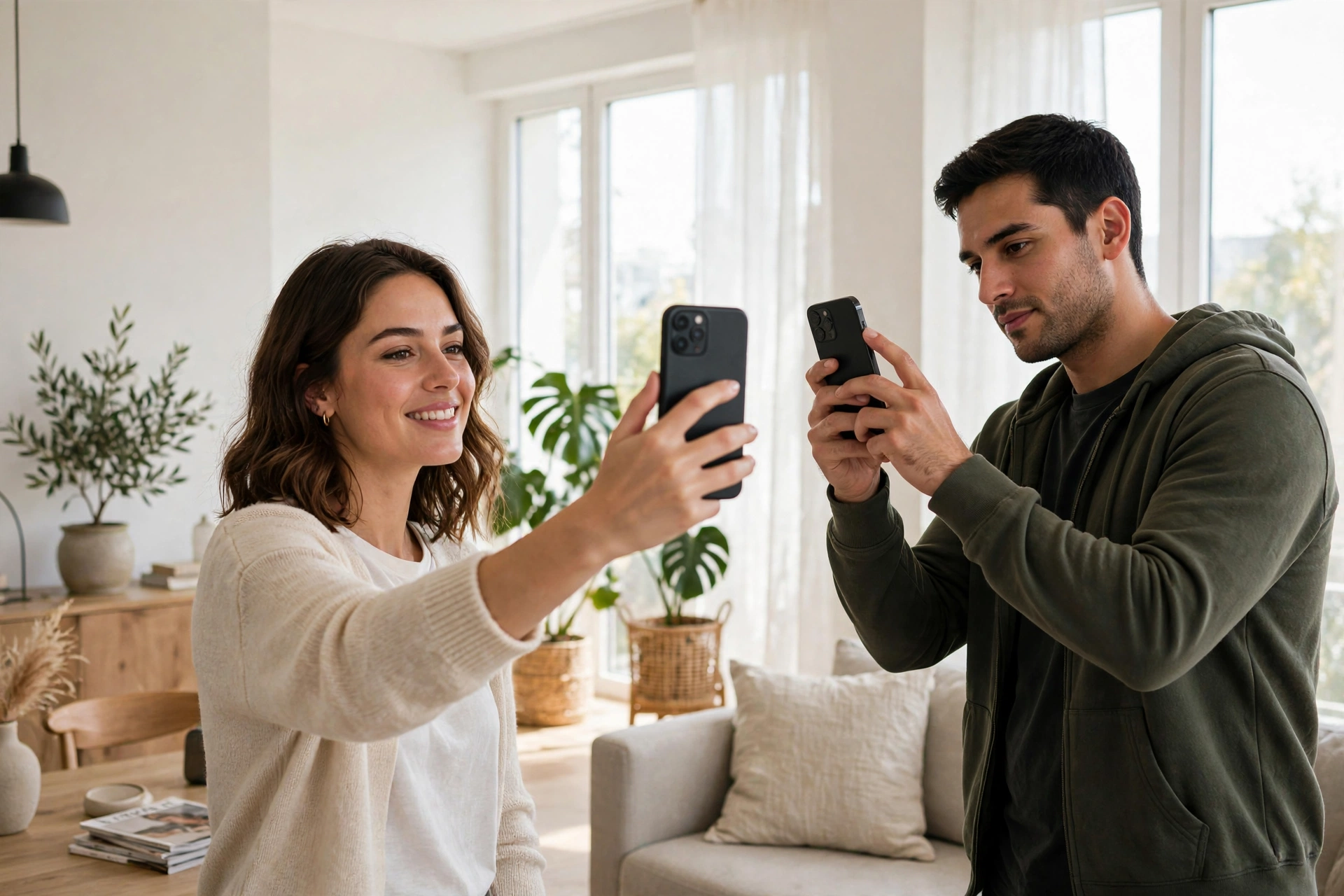 Person comparing selfie with front camera versus portrait taken with rear camera