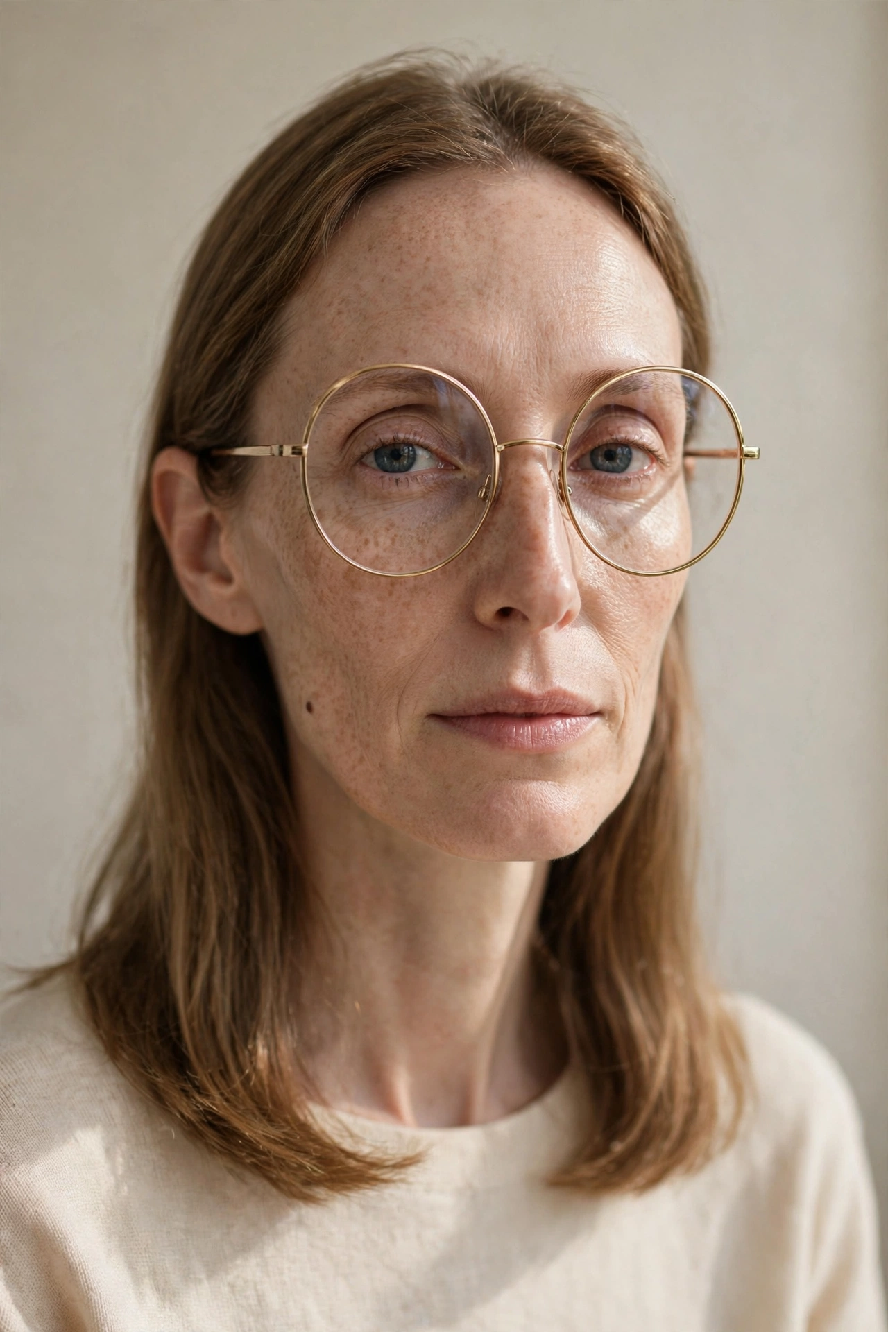 Woman with an oblong face wearing tall round eyeglass frames that visually shorten her face