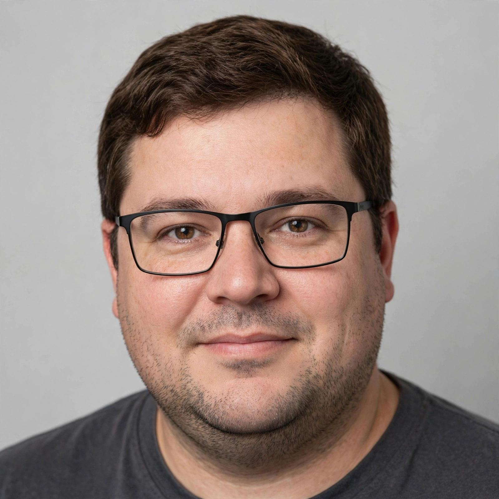 Man with a round face wearing angular rectangular eyeglasses that add definition