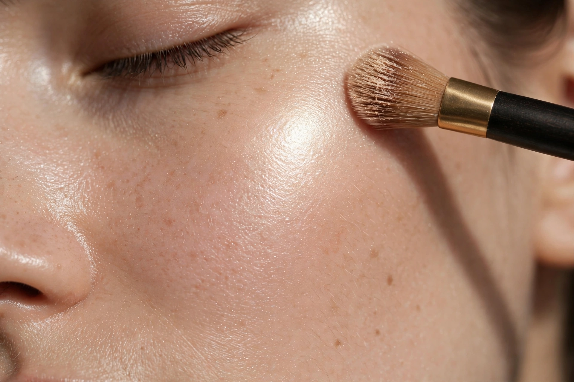 Woman applying highlighter to tops of cheekbones