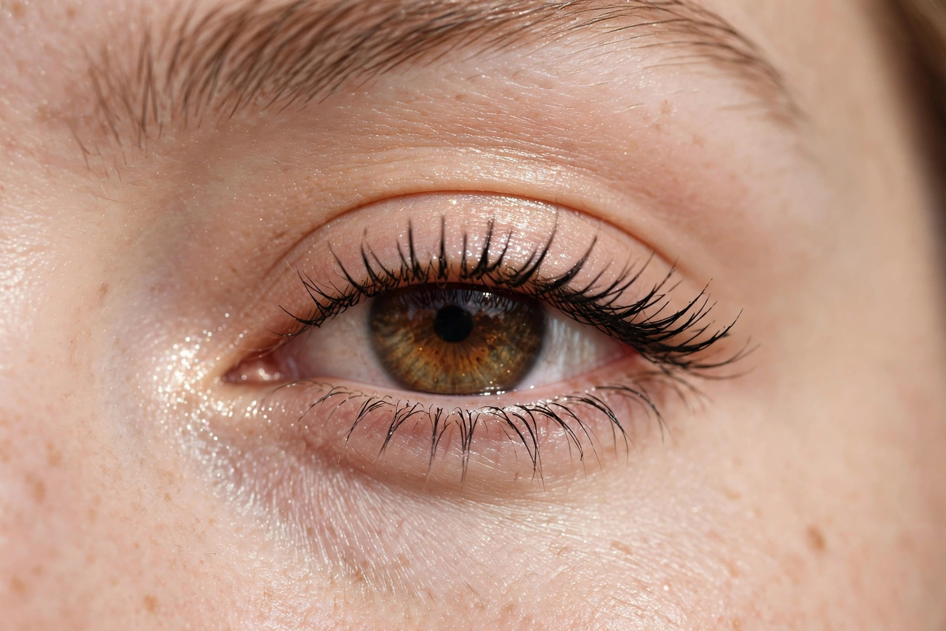 Close-up of an open eye with bright wide-awake makeup, defined lashes and inner-corner shimmer