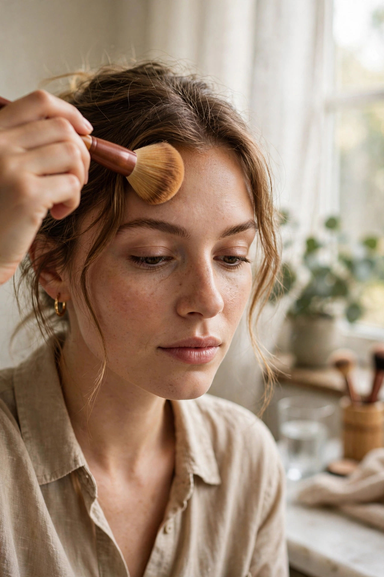 Woman applying bronzer with a fluffy brush along her hairline and forehead