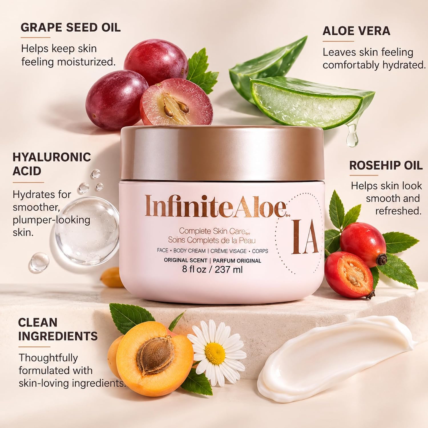 InfiniteAloe Complete Skin Care, Aloe Vera Powered Face and Body Cream for All Skin Types, Dry Skin Everyday Hero, Original Scent: 4 Large Jar 8 oz & 4 Travel Jar 0.5 oz Gallery Photo 3