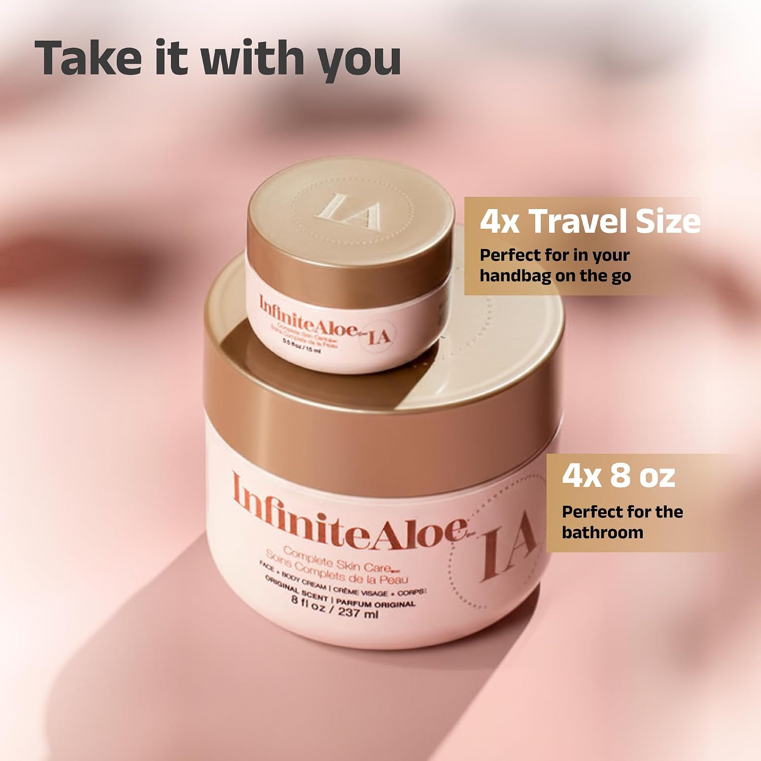 InfiniteAloe Complete Skin Care, Aloe Vera Powered Face and Body Cream for All Skin Types, Dry Skin Everyday Hero, Original Scent: 4 Large Jar 8 oz & 4 Travel Jar 0.5 oz Gallery Photo 4