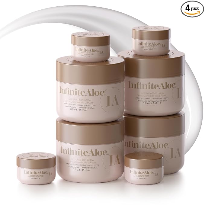 InfiniteAloe Complete Skin Care, Aloe Vera Powered Face and Body Cream for All Skin Types, Dry Skin Everyday Hero, Original Scent: 4 Large Jar 8 oz & 4 Travel Jar 0.5 oz Gallery Photo 6