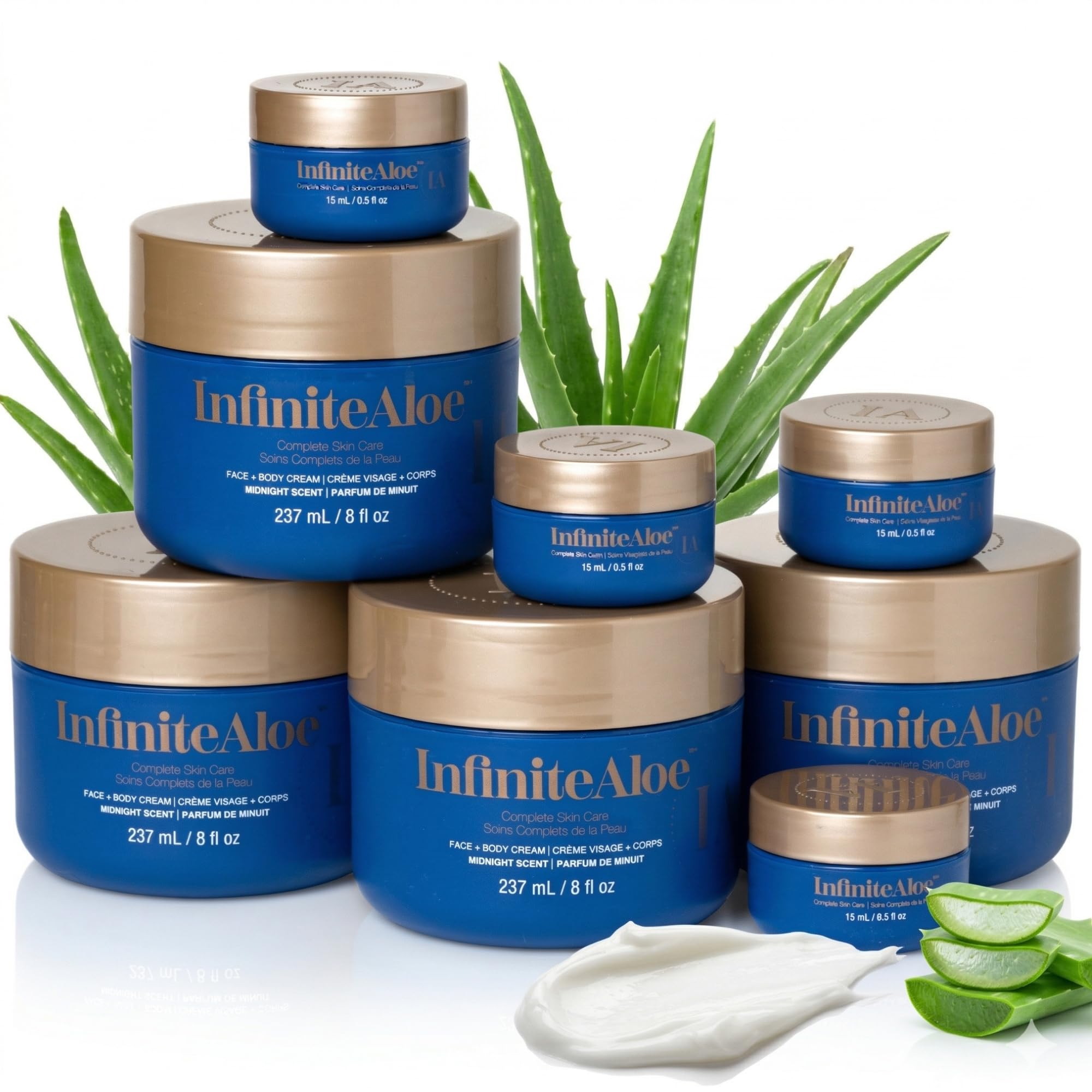 InfiniteAloe Complete Skin Care, Aloe Vera Powered Face and Body Cream for All Skin Types, Midnight Scent (4 Large Jar 8 oz & 4 Travel Jar 0.5 oz) Gallery Photo 1