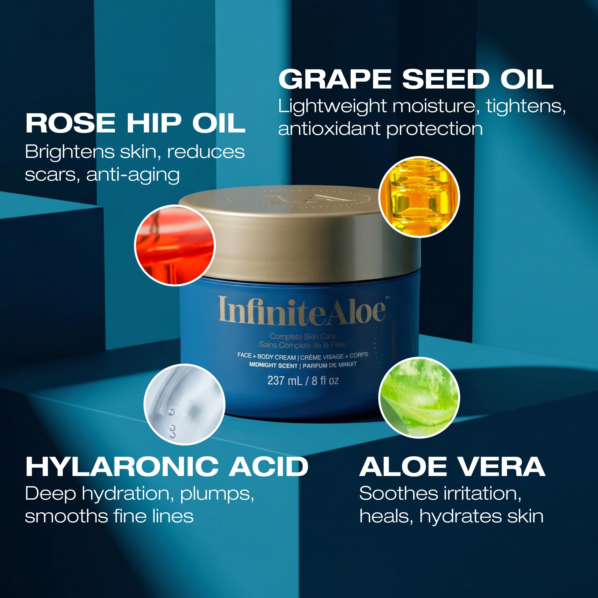 InfiniteAloe Complete Skin Care, Aloe Vera Powered Face and Body Cream for All Skin Types, Midnight Scent (4 Large Jar 8 oz & 4 Travel Jar 0.5 oz) Gallery Photo 2