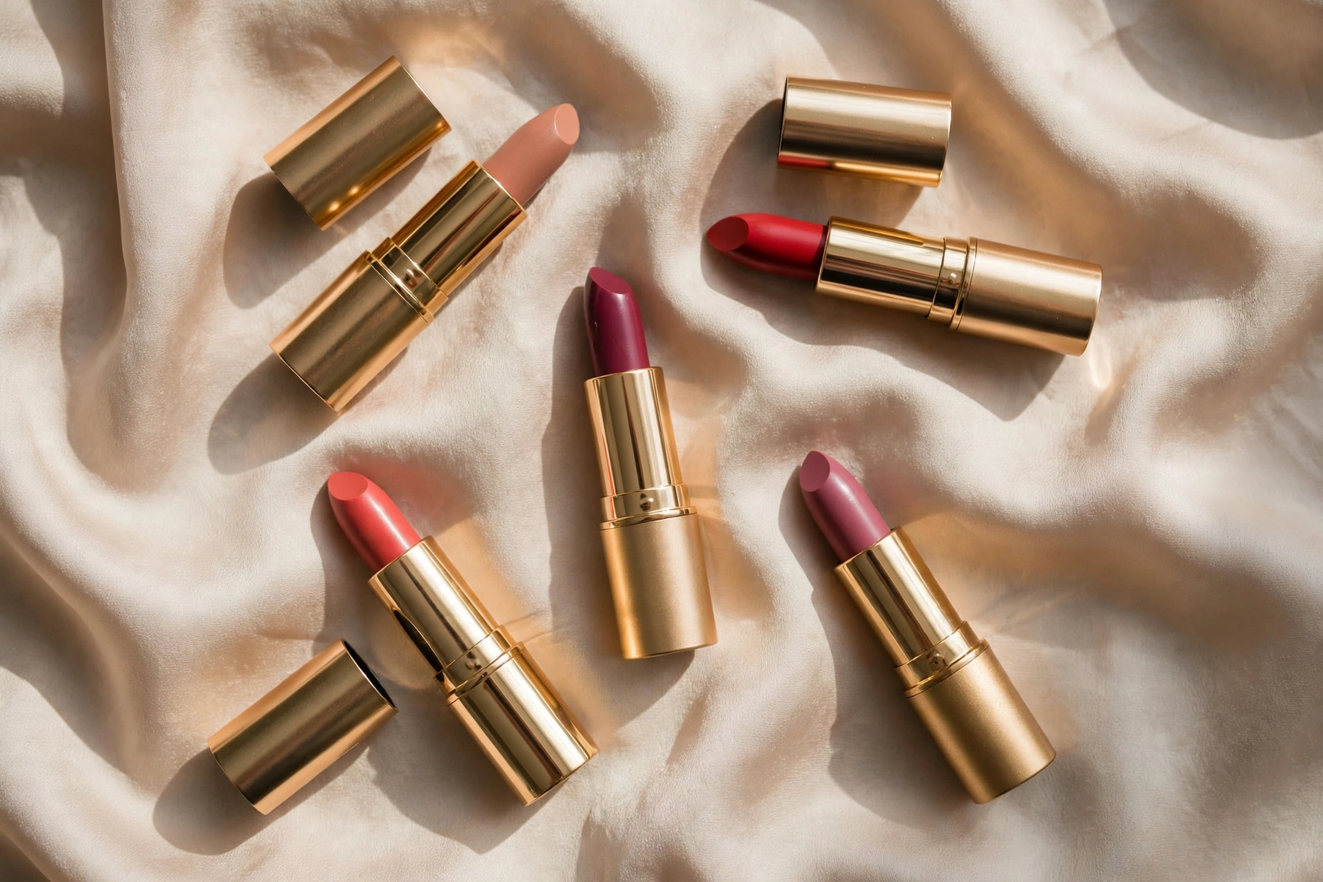 Flat lay of lipstick tubes in various shades on beige silk fabric