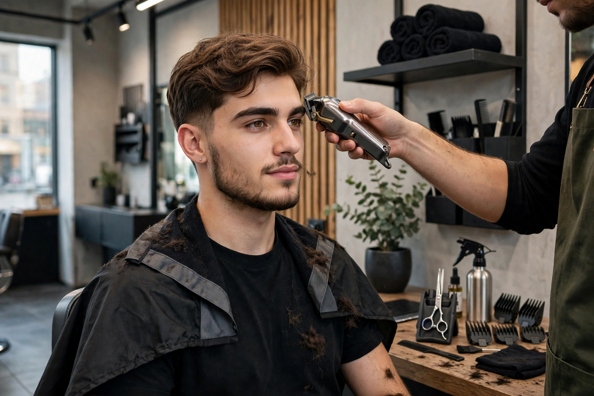 Young man getting a sharp haircut in a modern barbershop, beginner looksmaxxing grooming