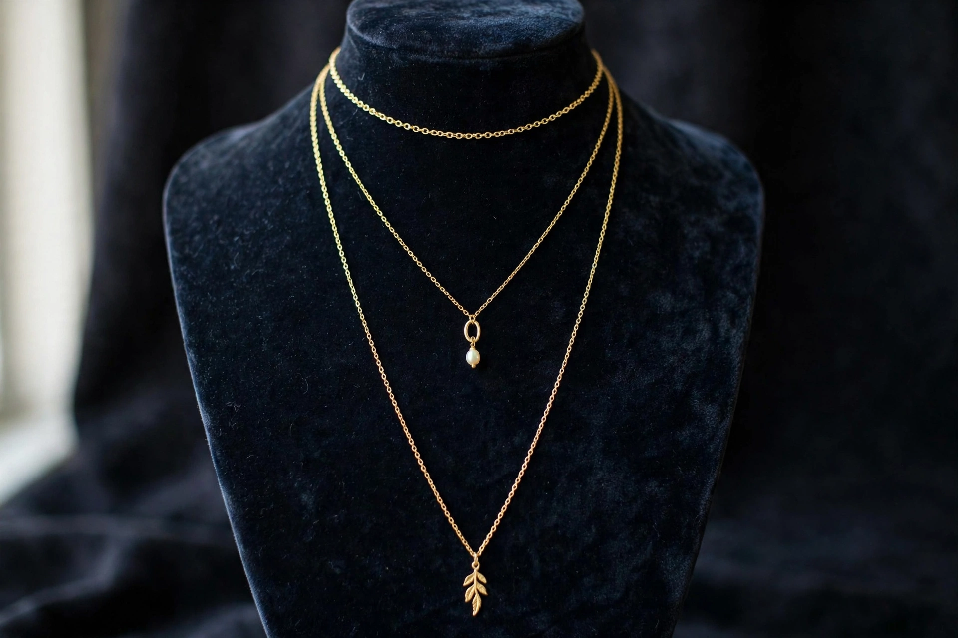 Delicate gold necklaces of different chain lengths displayed on a dark velvet jewelry bust