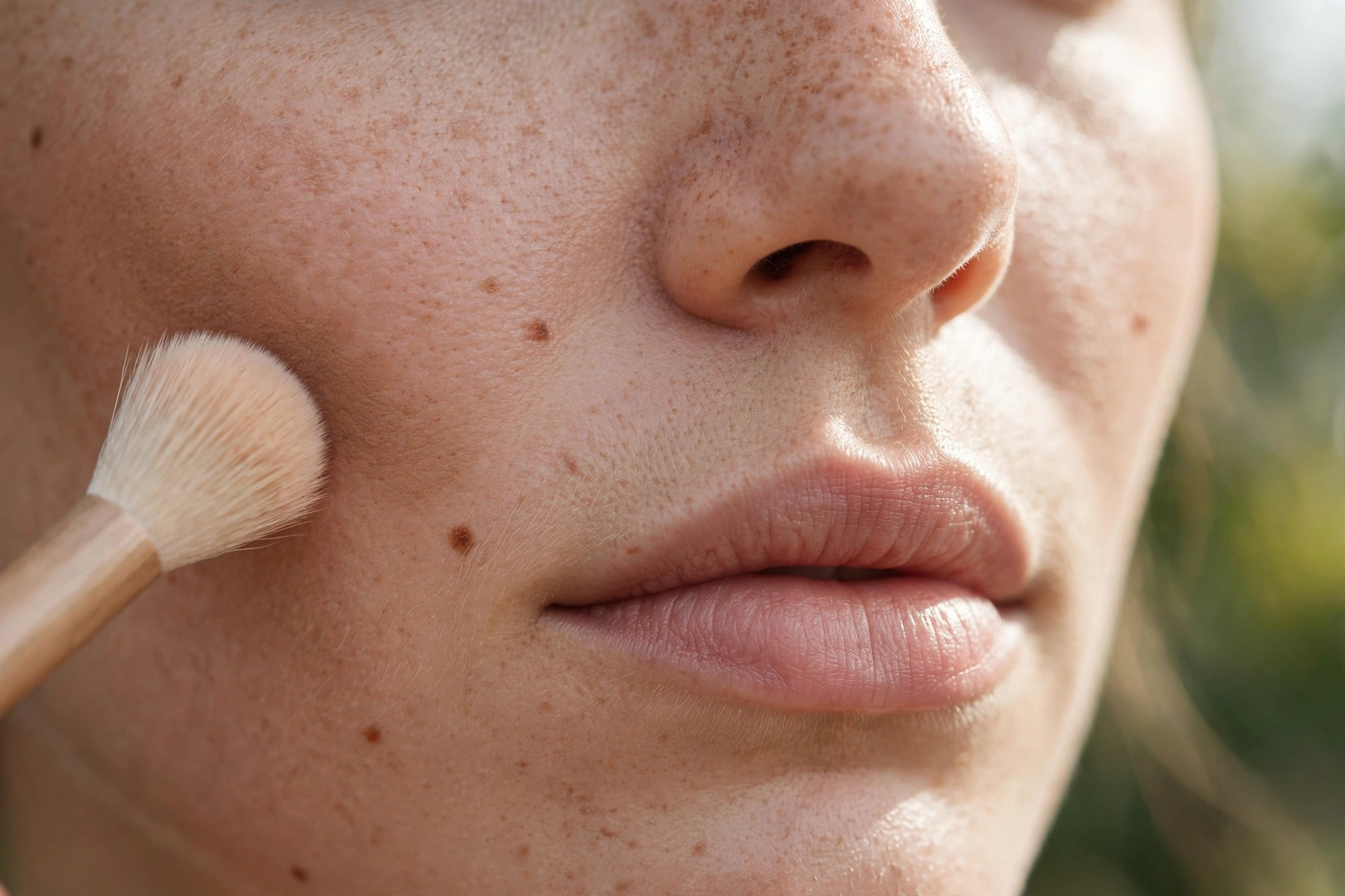 Close-up of a woman's nose with soft makeup contour being applied by a small fluffy brush
