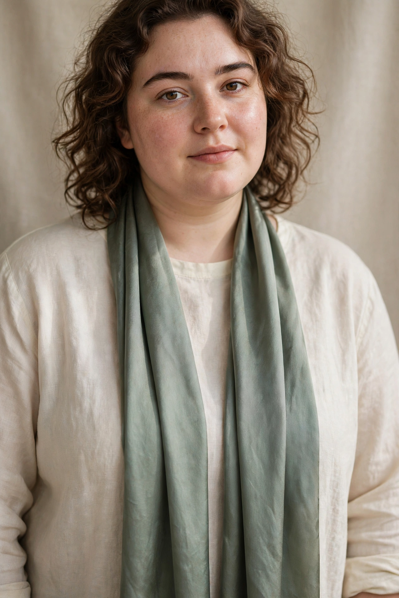 Woman with a round face wearing a long silk scarf draped vertically to elongate her features