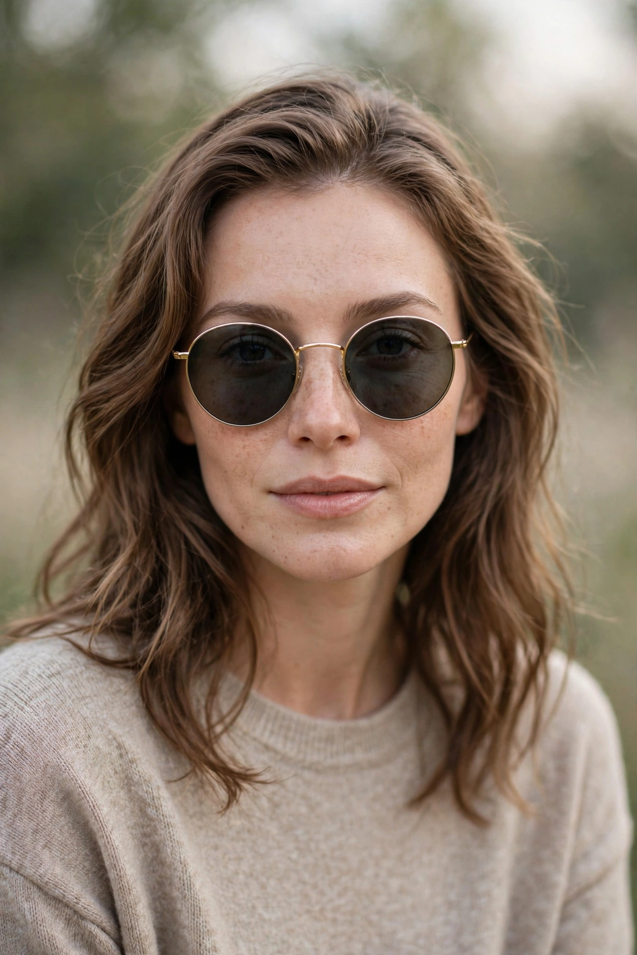Woman with a heart-shaped face wearing round sunglasses that balance her wide forehead