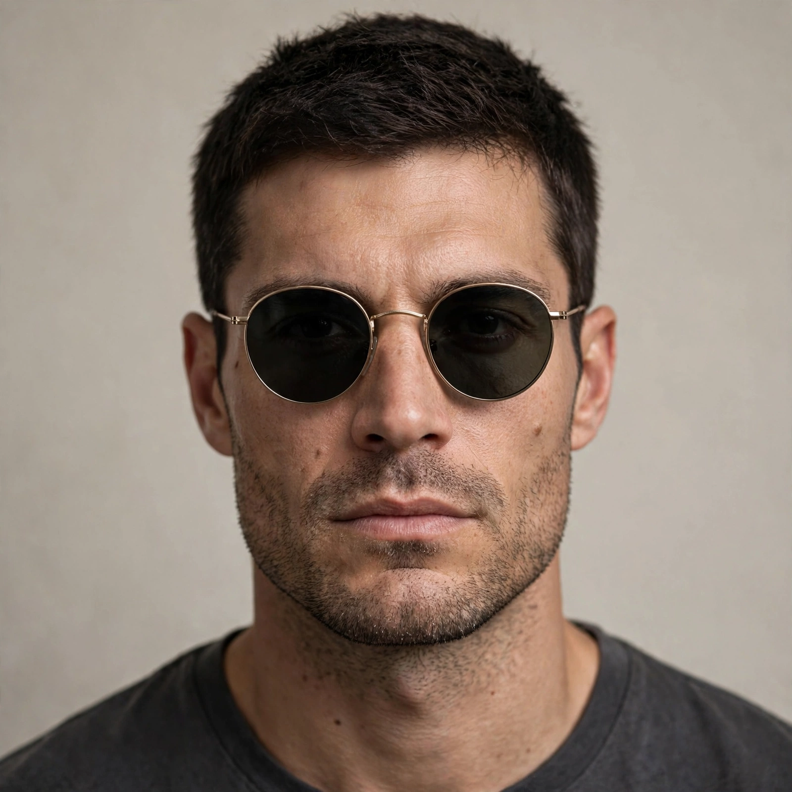 Man with a square face wearing round sunglasses that soften his strong jawline