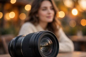 Camera lens in foreground with flattering soft-focus portrait in background