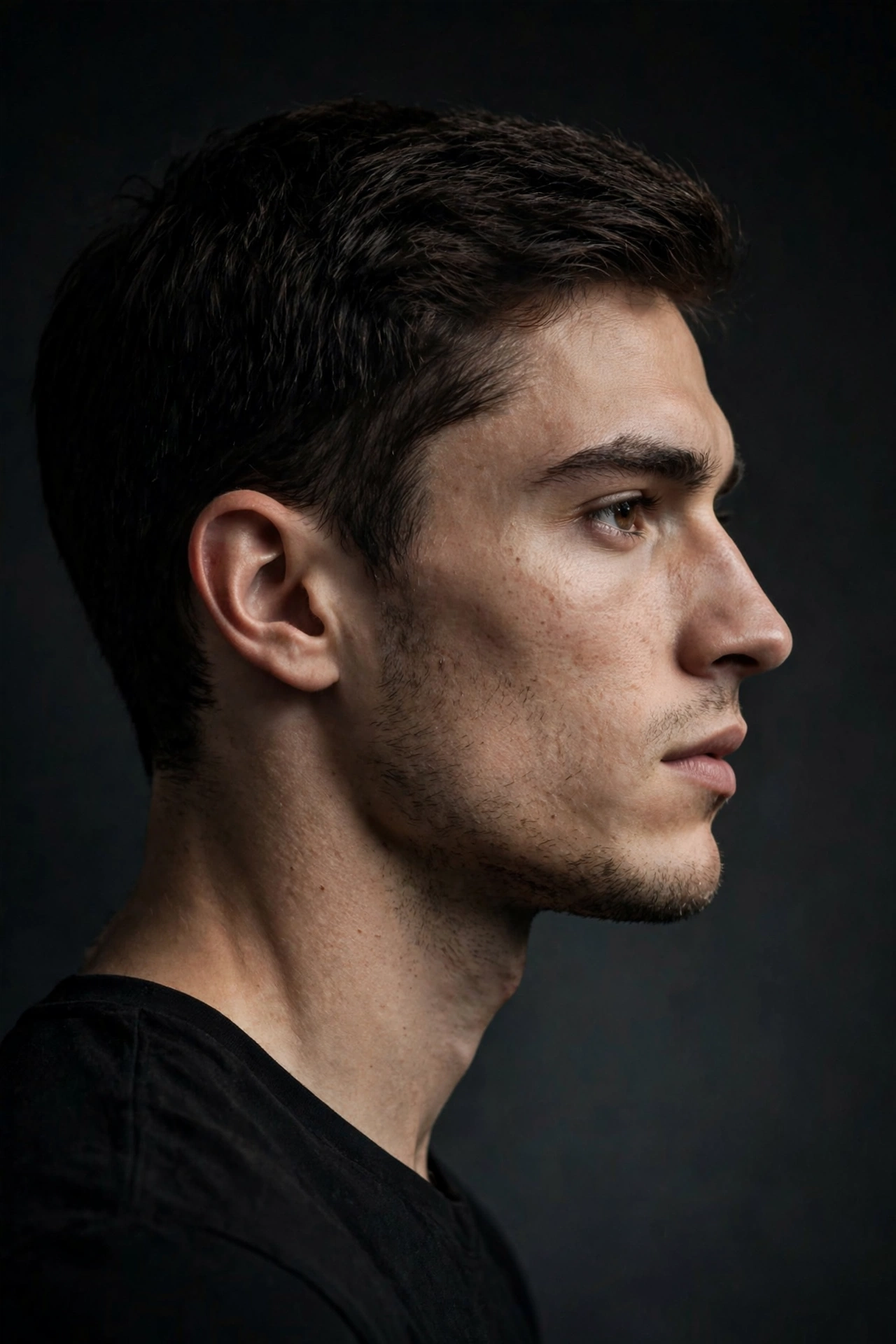 Side profile portrait showing a defined jawline and gonial angle area