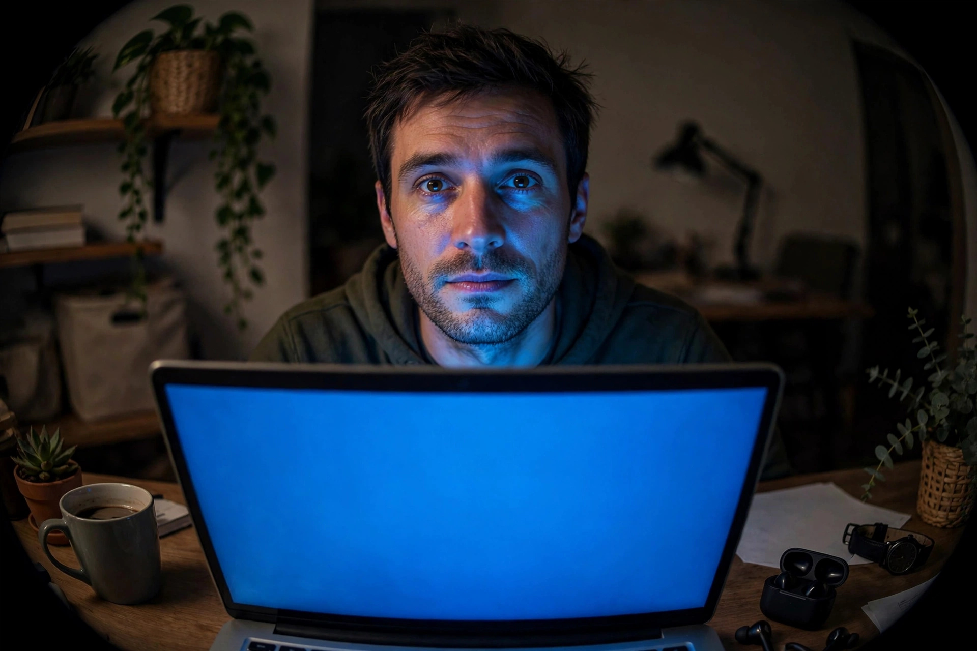 Man on a laptop video call with webcam glow on his face