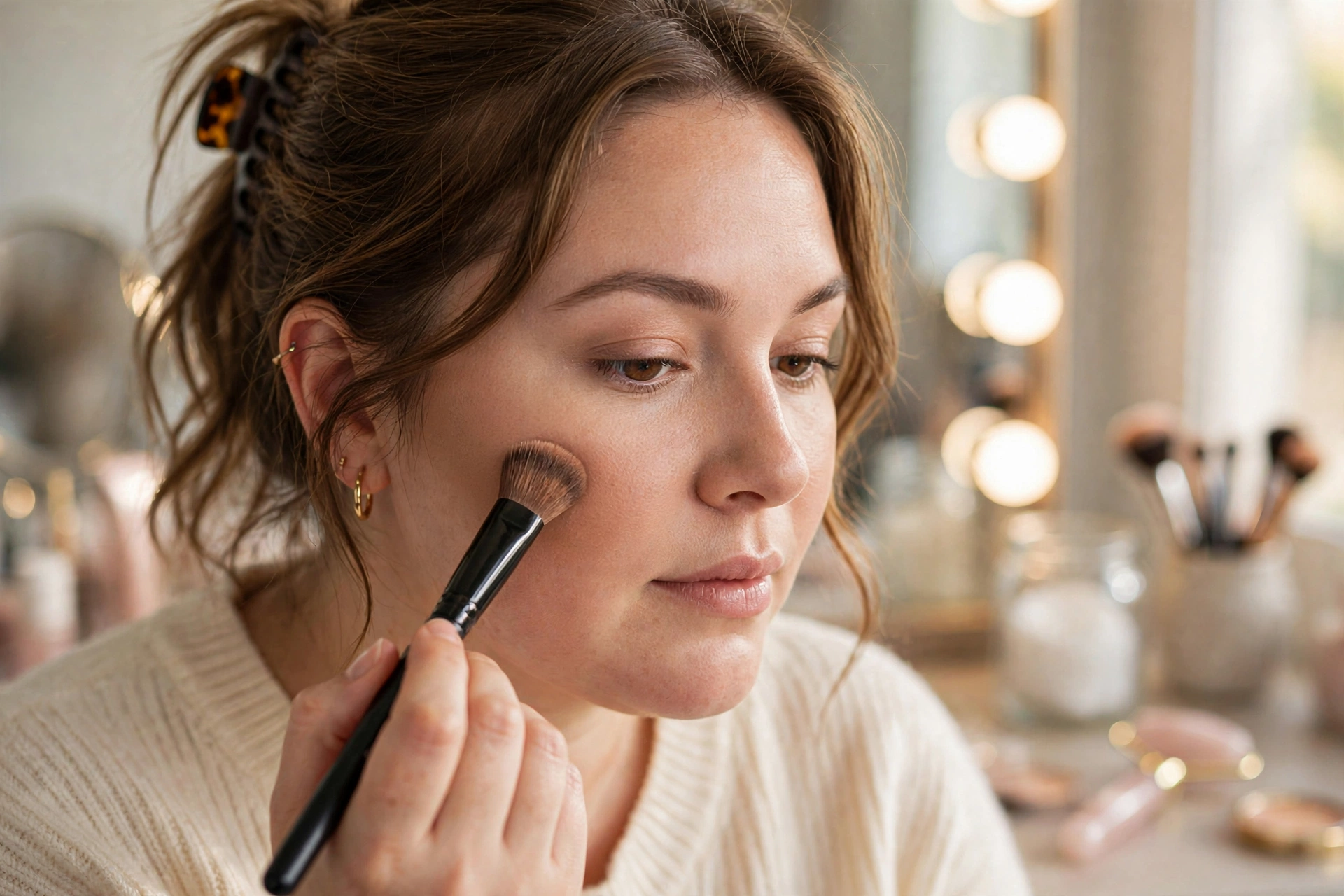 Woman with round face applying contour makeup to cheekbones with angled brush