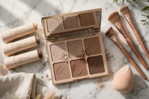 Contour makeup palette, cream sticks and brushes arranged on marble vanity