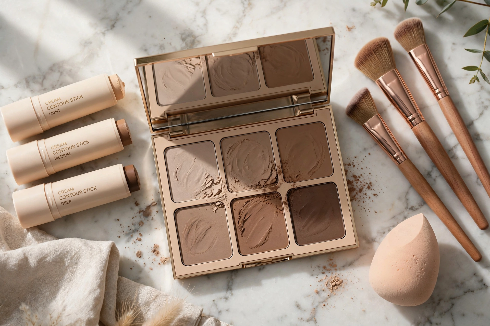 Contour makeup palette, cream sticks and brushes arranged on marble vanity