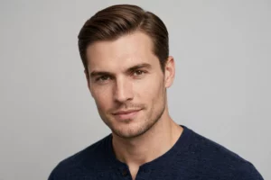 Stylish man with oval face and classic taper haircut, studio portrait