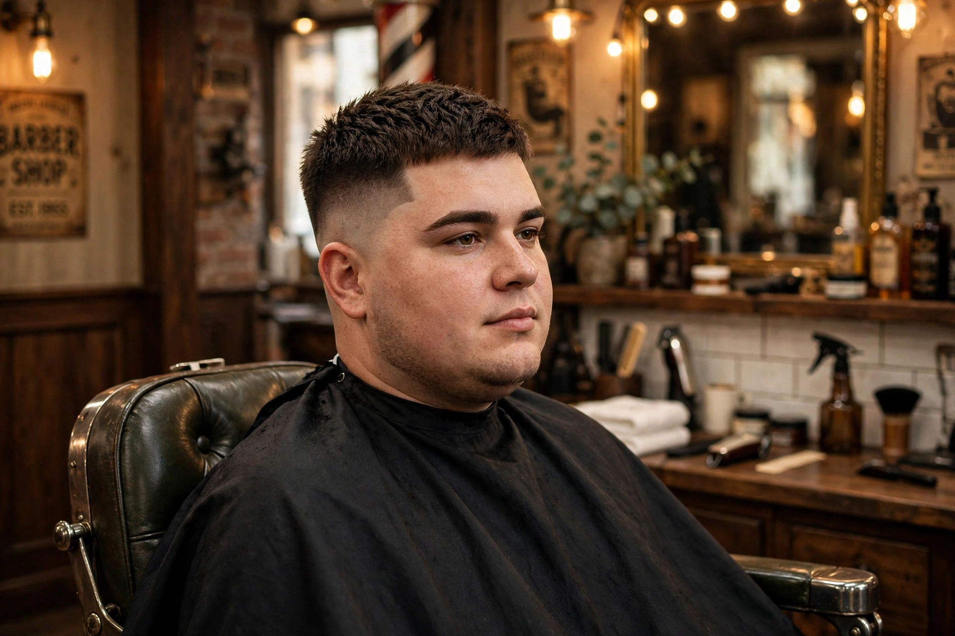 Man with round face getting a textured crop haircut with skin fade in a barbershop