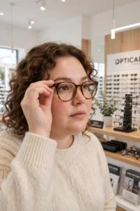 Woman trying prescription eyeglasses for round face