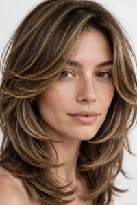 Face framing layered haircut close-up