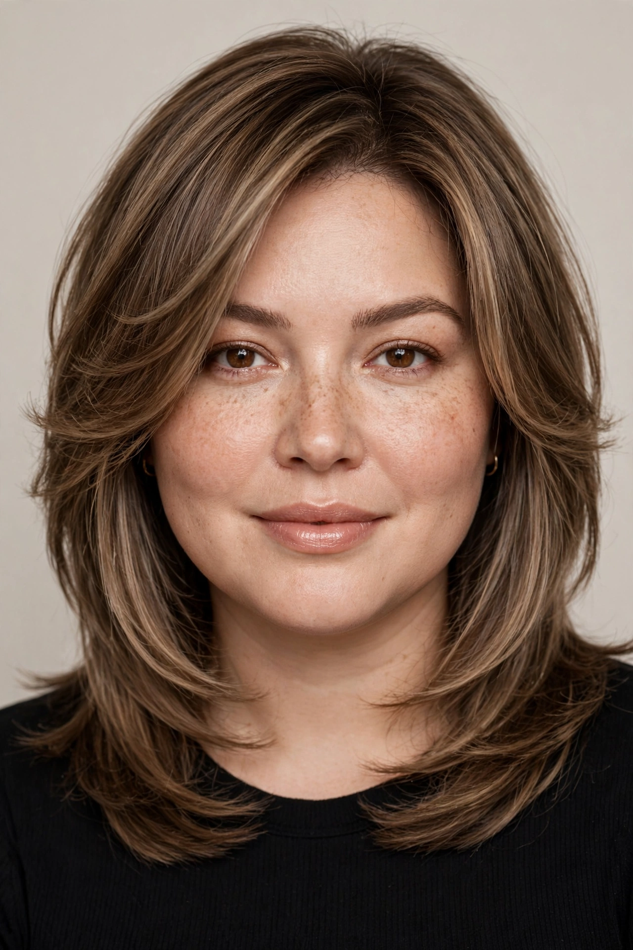 Flattering layered haircut for round face shape