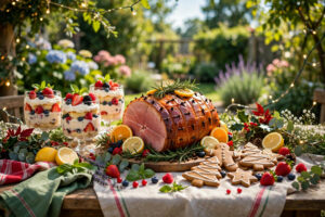 Christmas in July party table with glazed ham, berry trifle glasses and gingerbread cookies in a sunny garden