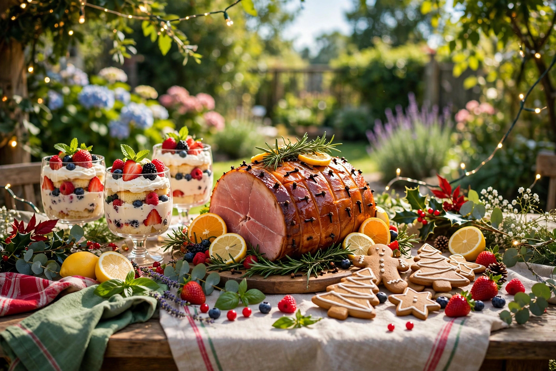 Christmas in July party table with glazed ham, berry trifle glasses and gingerbread cookies in a sunny garden