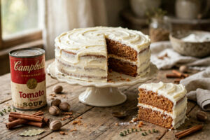 Tomato soup cake with cream cheese frosting, a slice cut showing the spiced crumb, with a vintage can of tomato soup and cinnamon sticks