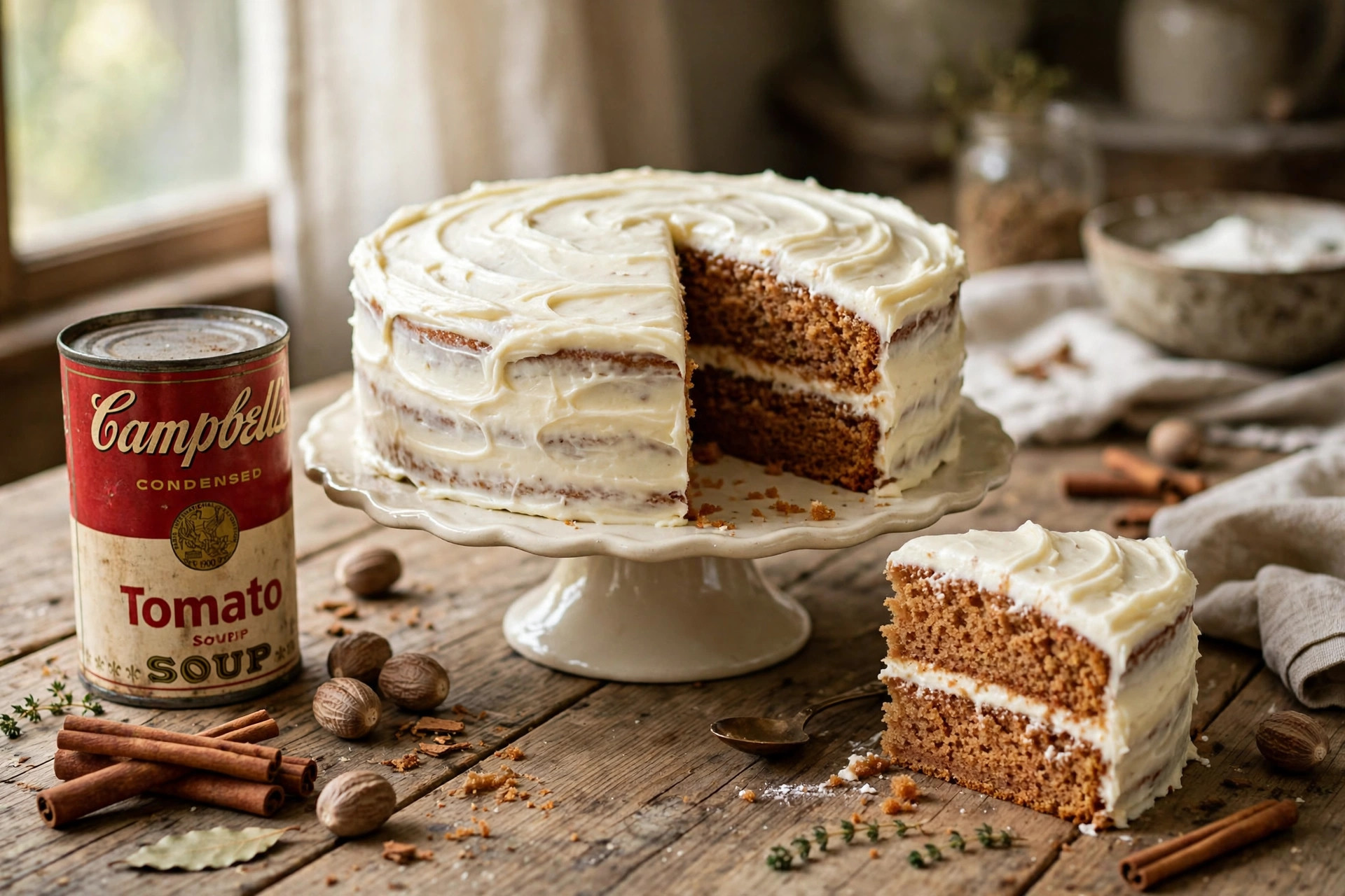 Tomato soup cake with cream cheese frosting, a slice cut showing the spiced crumb, with a vintage can of tomato soup and cinnamon sticks